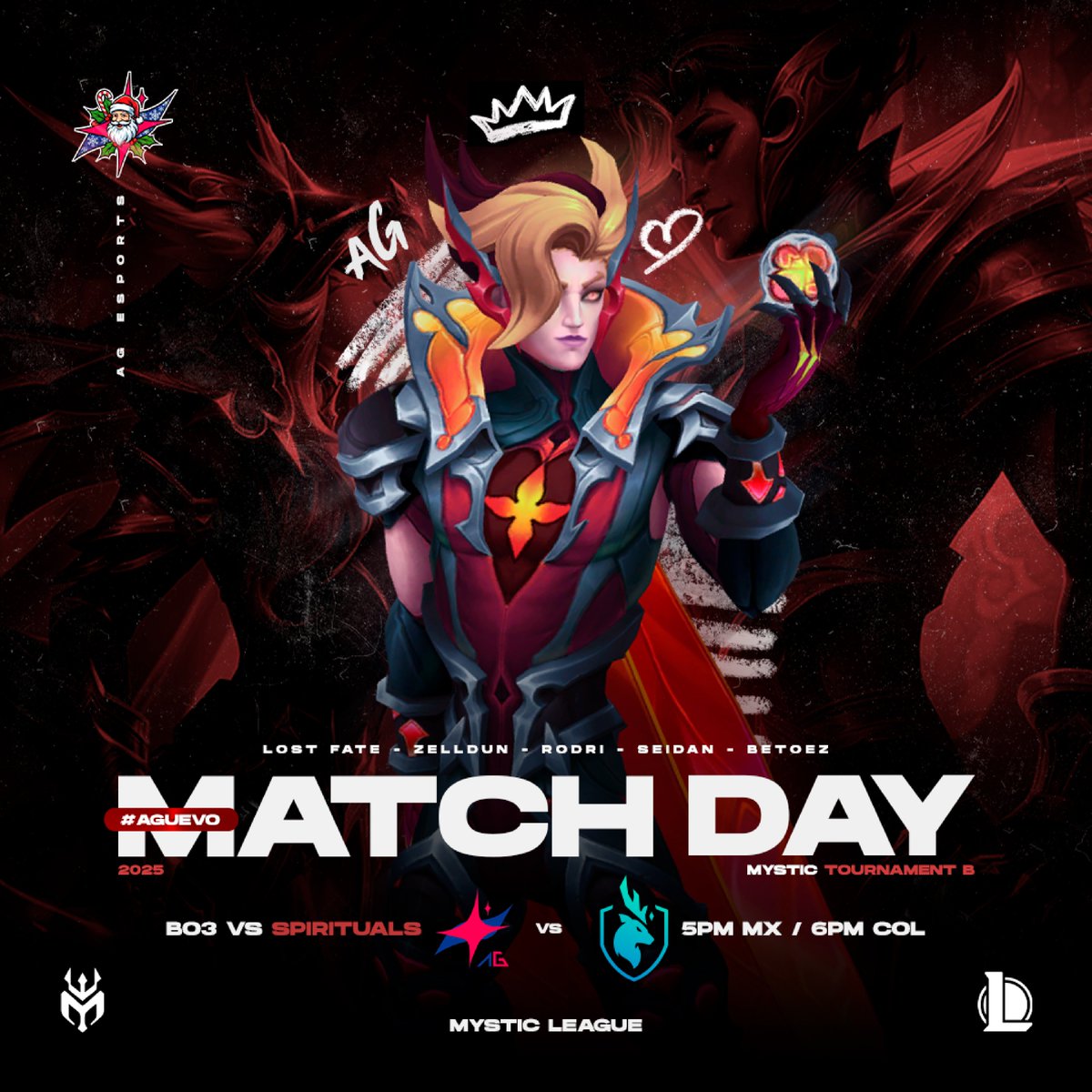 ¡Empezamos con el torneo de la Mystic League - Tournament B <a href="/MysticLatam/">Mystic League</a>!

🆚 <a href="/SpiritualsGG/">Spirituals</a> 
⏰ 5PM 🇲🇽 / 6PM 🇨🇴
⚔️BEST OF 3 (BO3)
🖥️twitch.tv/seidann

Prometemos dar un 110%. ¡Vengan a vernos!
#AGuevo #Esports #LeagueOfLegends
