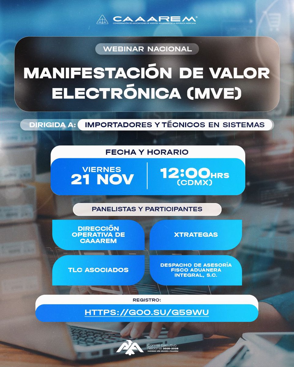 📢 CAAAREM apoya a los importadores ante la entrada en vigor de la MVE.
Webinar nacional con guía práctica y acompañamiento técnico.

📅 21 NOV · 12:00 CDMX

🔗 Registro: us02web.zoom.us/webinar/regist…

<a href="/cceoficialmx/">Consejo Coordinador Empresarial CCE</a> <a href="/CONCANACO/">CONCANACO SERVYTUR</a> <a href="/CONCAMIN/">CONCAMIN</a> <a href="/ComceOficial/">COMCE</a> <a href="/SATMX/">SATMX</a> <a href="/AduanasMx/">Aduanas de México</a>