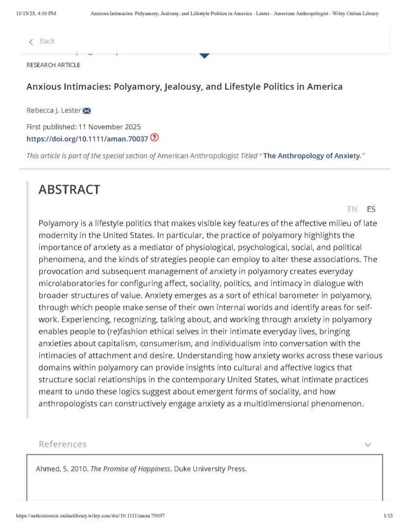Check out my newest piece in American Anthropologist!  Anxious Intimacies: Polyamory, Jealousy, and Lifestyle Politics in America.

anthrosource.onlinelibrary.wiley.com/doi/10.1111/am…