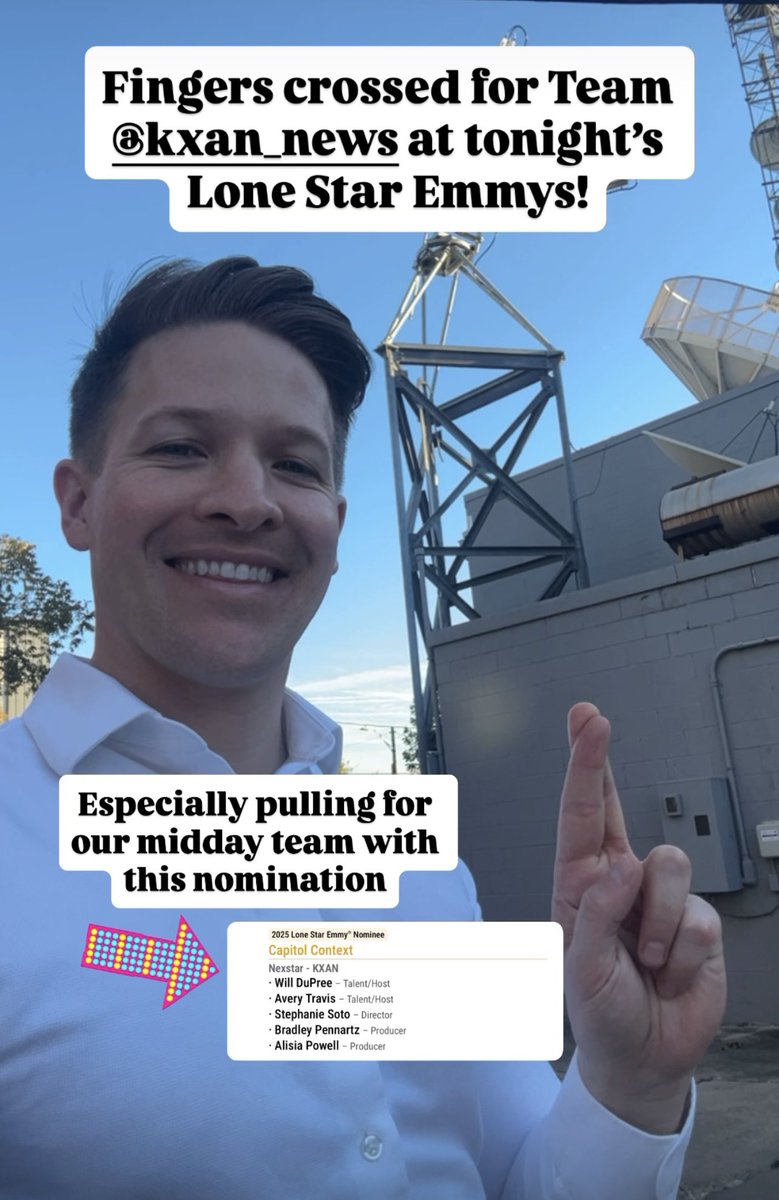 willdupreetv's tweet image. Best of luck to Team @KXAN_News tonight at the Lone Star Emmys! 🏆

I’m especially pulling for our midday team in the interview/discussion category (@averytravistv).