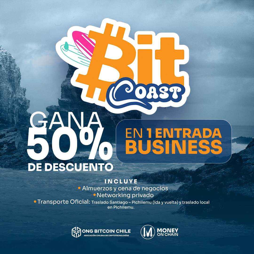 Ya sabemos que #Bitcoin + playa es una combinación 🔥🌴

¡Y hoy te traemos un SORTEO brutal! 🎉

Gana un 50% de DESCUENTO en una entrada Business para la conferencia <a href="/BitCoastFest/">BitCoast Weekend</a> del 21 al 23 de noviembre en Pichilemu, Chile 🇨🇱

Serán 2 ganadores 😎

Para participar:

✅ Seguir