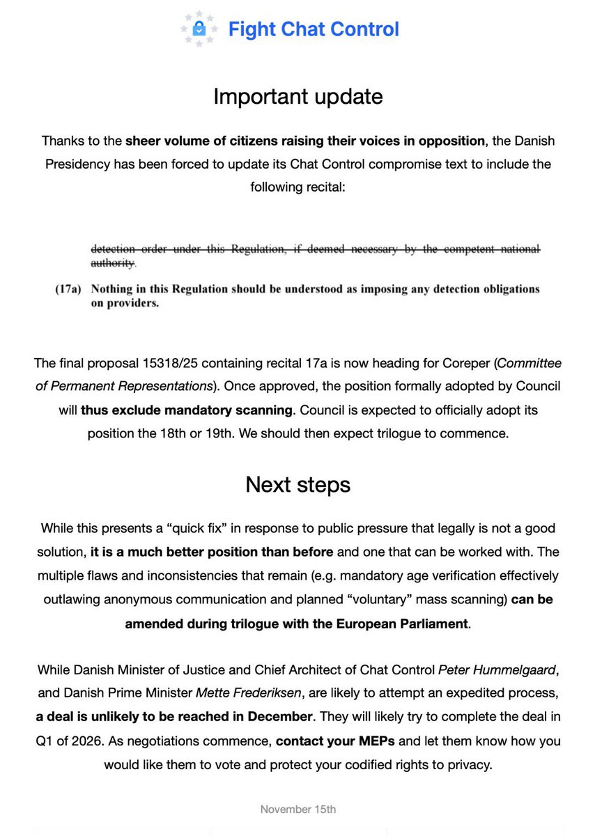 LordBlizzard's tweet image. Chat Control Update:

mastodon.social/@chatcontrol/1…

#ChatControl #EU #EuropeanUnion #Denmark #privacy #surveillance #censorship #technology #dystopia