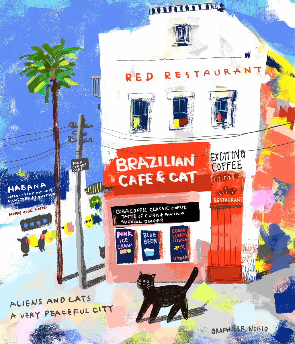Graphicer_norio's tweet photo. Aliens and cats
peaceful city
エイリアンと猫の街
ブラジリアン猫カフェと
赤いレストラン
#illustration #drawing #illustrationart 
#picturebook #childrenbook #cat
#catlover #fictionaltown https://t.co/3mR4ruUJsi