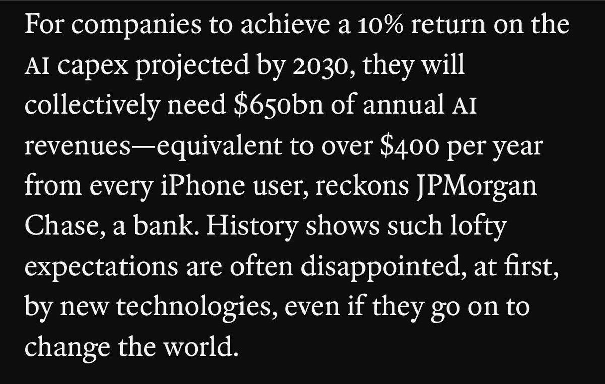 rexsalisbury's tweet image. AI “bubble” needs $400 / user / year  to justify current capex by 2030. 

For comparison in US
- Apples makes $1k / year for 165 million users. 
- Google also around $1k / year for ~250 million users . 
- Facebook around $240 for ~250 million users. 

$1k / year is also rough…