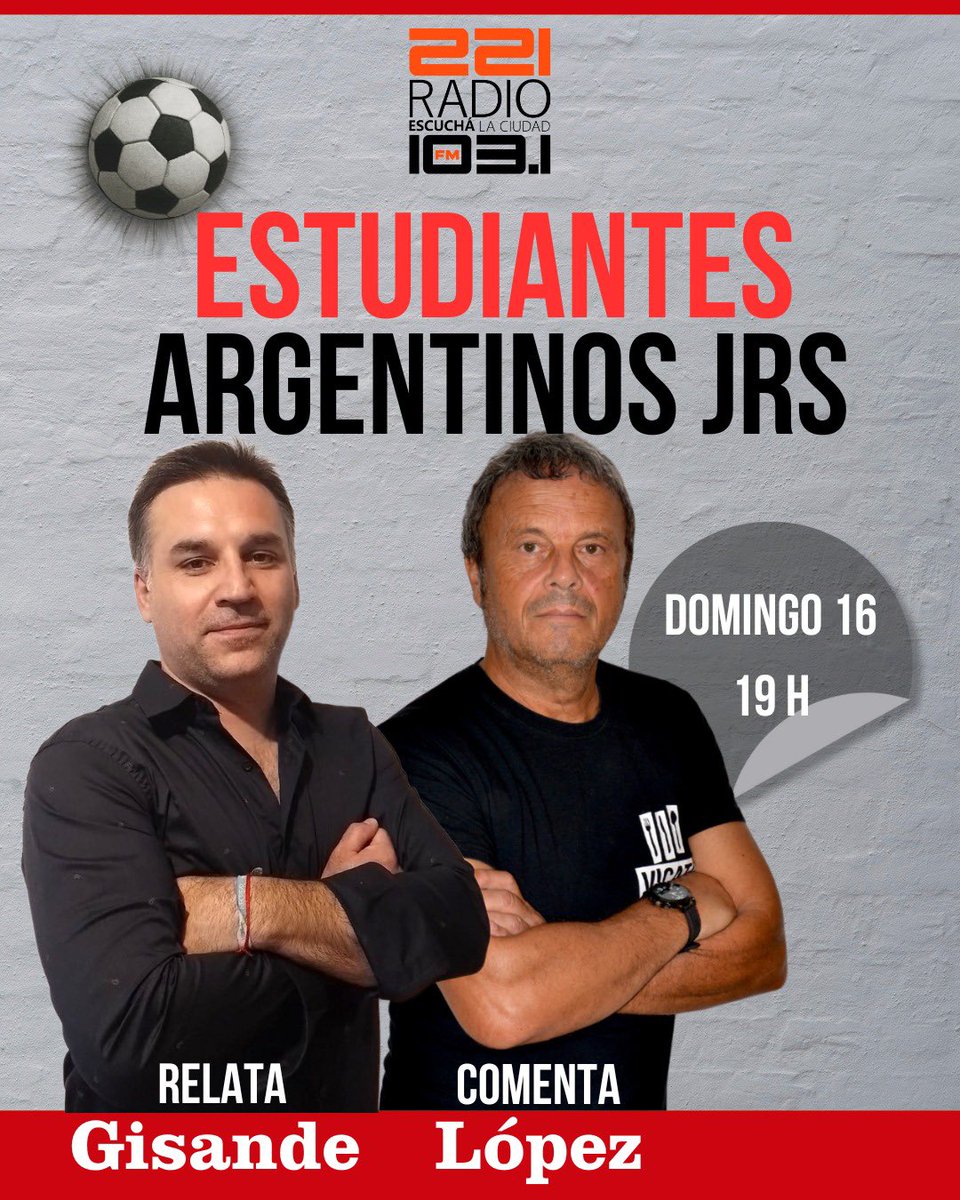 #221Radio #EDLP | ¡Juega Estudiantes!👇

🦁 <a href="/EdelpOficial/">Estudiantes de La Plata</a> recibe a <a href="/AAAJoficial/">Argentinos Juniors</a> por la 16° fecha del #TorneoClausura  

🚨 Mañana, desde las 19:00, sumate a la previa de #221Fútbol

🎙️ Relata <a href="/MGisande/">Marcelo Martín Gisande</a> , los comentarios de <a href="/ElProfesorLopez/">El Profesor Lopez</a> y el trabajo de un gran equipo

📻 FM