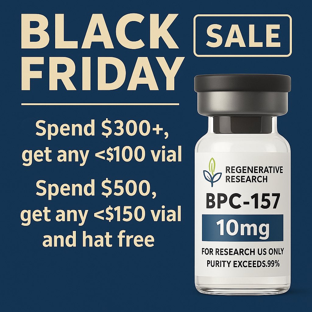 Big Black Friday sale live. And the hats are 🔥🔥🔥Spend $300+, get any &lt;$100 vial free. Spend $500+, get any &lt;$150 vial free and a free hat. Respond to your confirmation email with your preferences. regenerativeresearch.co/products/