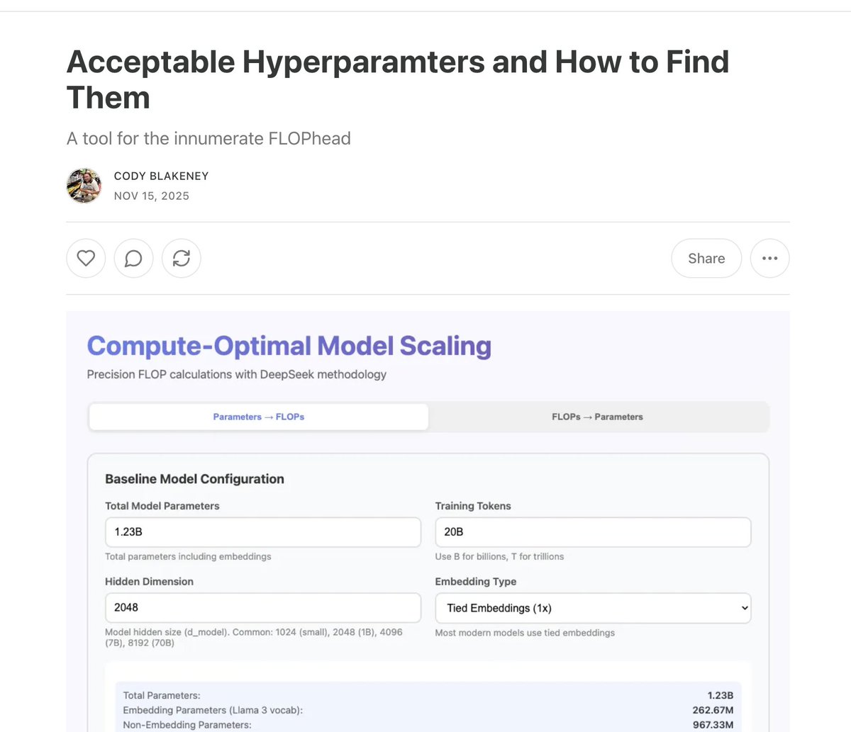 code_star's tweet image. I&apos;ve got something new for everyone. My first substack article! Not the one I planned to do first, but a fun one!

I have made a handy calculator base on the DeepSeek v1 coefficients for finding optimal LR and batch sizes for dense LLMs.