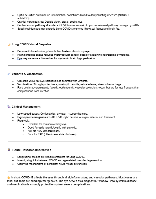 COVID-19 affects the eyes via viral, inflammatory, and vascular pathways, presenting as symptoms from mild "COVID eyes" to blinding emergencies.

The eye is a biomarker for systemic disease, and vaccination provides strong protection.
docs.google.com/document/d/e/2…