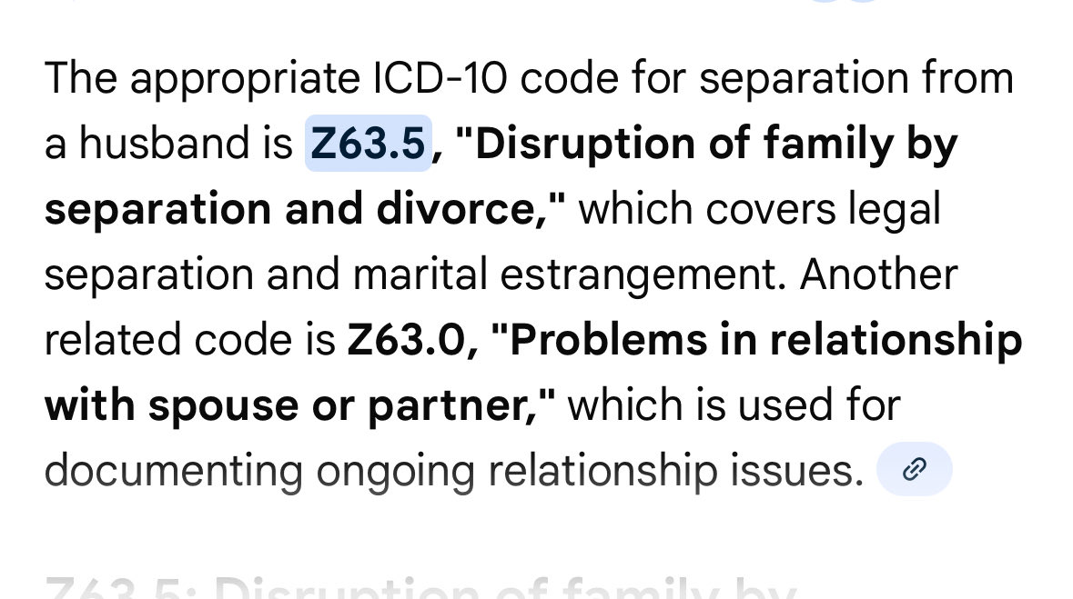 tpatfeld's tweet image. I’ve been saying at its onset: ICD10s are a WATE OF TIME. 
Having “separated from spouse”, for example, as an ICD10 code is useless. Why does this exist? What possible medical diagnosis has to do with this?! It’s absurd!!