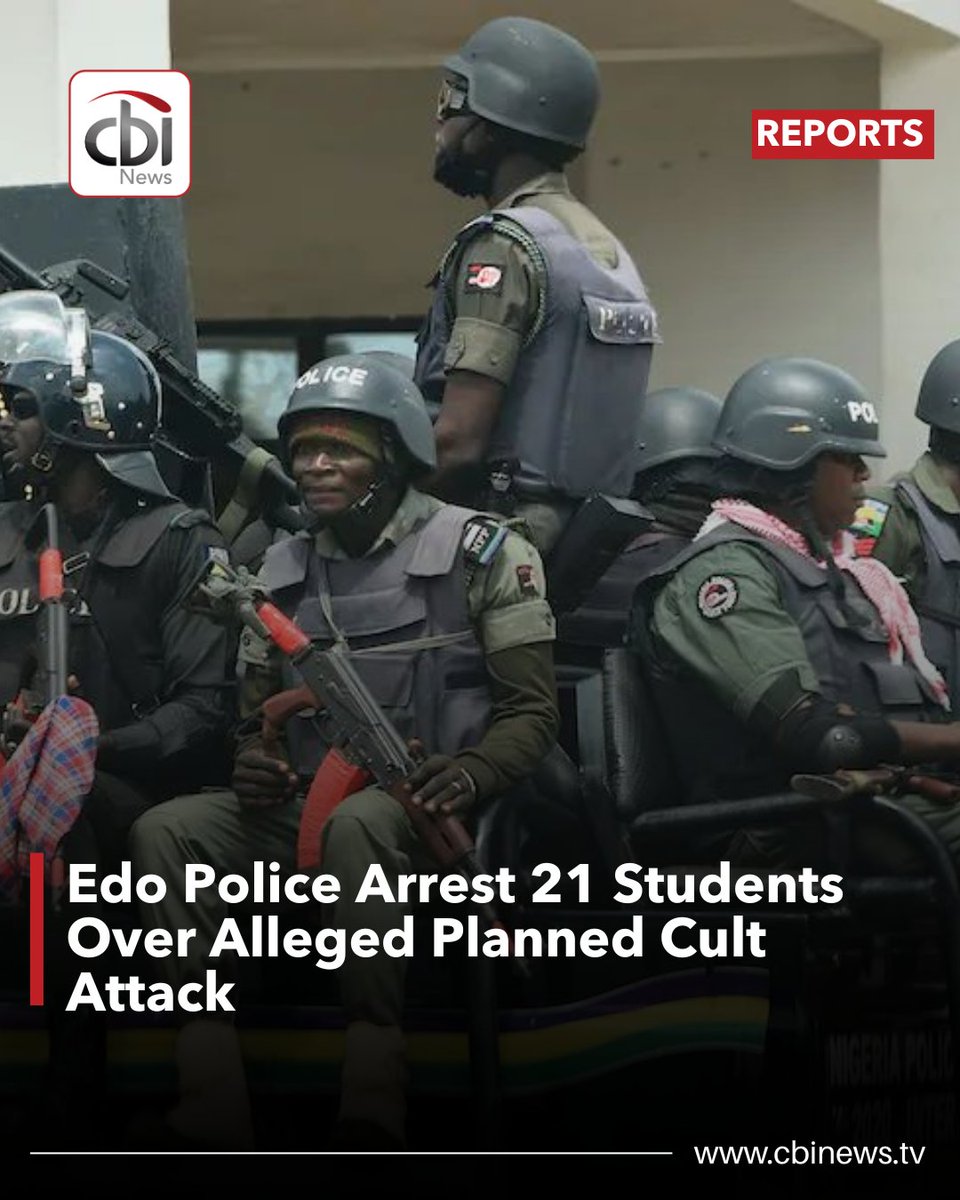 cbinewstv's tweet image. Edo Police have arrested 21 students (ages 14–17) of Ogioma Secondary School for allegedly planning a cult attack on Osemwende School. Knives and a chain were recovered.

Eight have been remanded, and 13 have been released to their parents.

 #CBINewsTV #EdoState  #SecurityUpdate