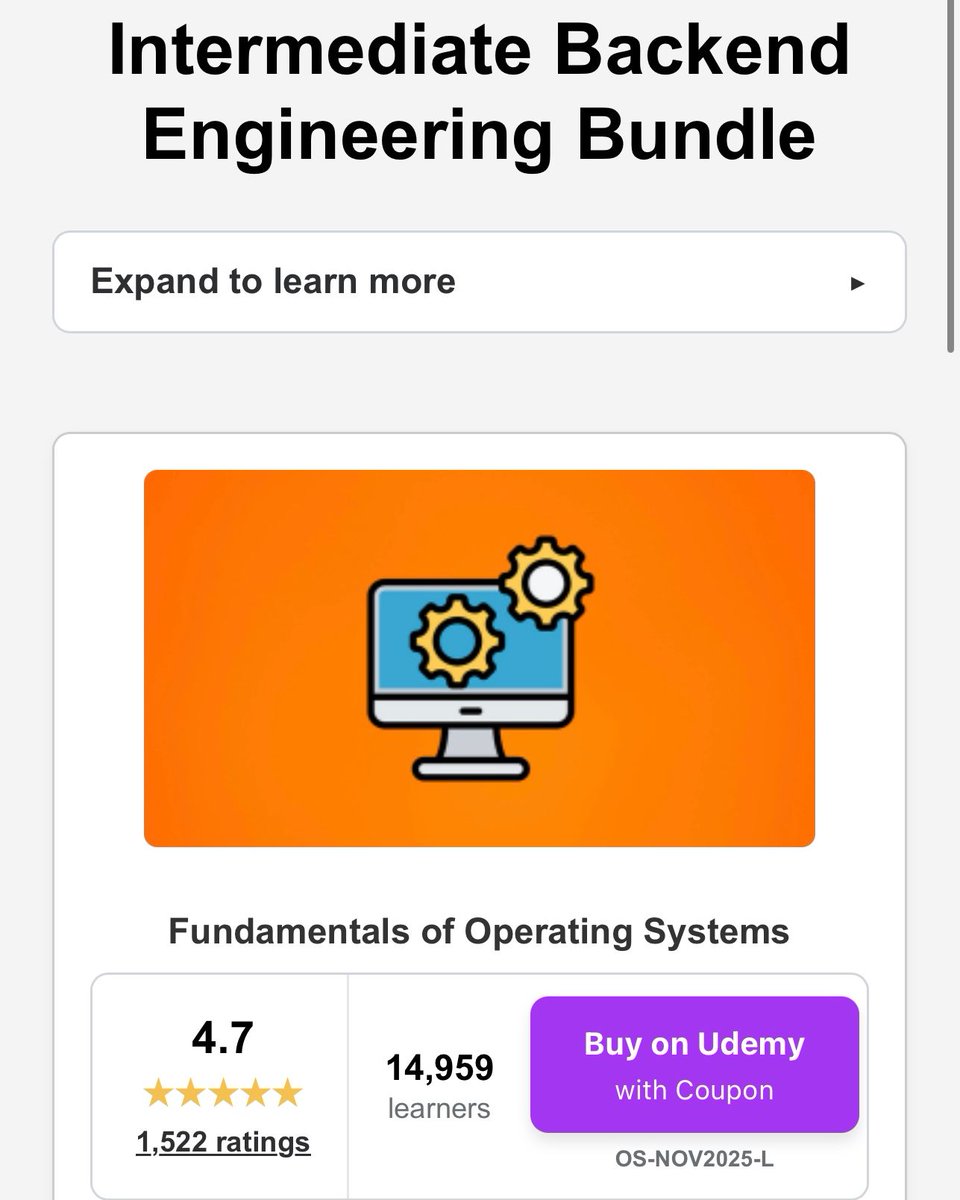 If you have 1-3 years if experience in backend engineering you may enjoy my intermediate backend engineering course bundle

It consists of three fundamental courses in this order for an effective learning roadmap.

1- Fundamentals of Operating Systems
2- Fundamentals of Network