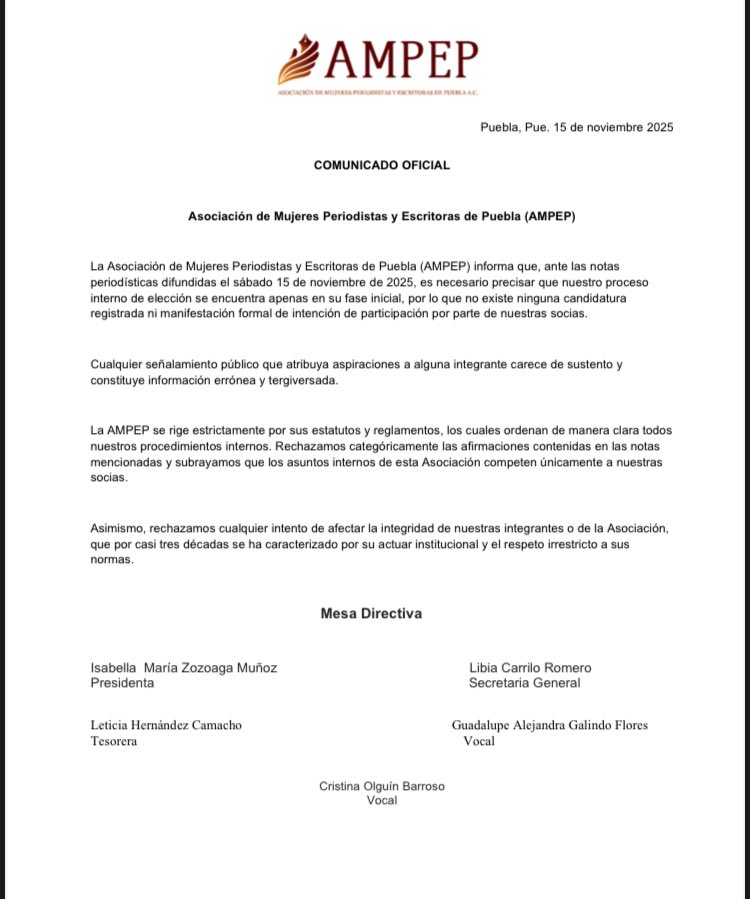 La #AMPEP aclara: el proceso interno de elección apenas inicia y no hay candidatas registradas.
Las notas recientes contienen información incorrecta.
Nuestros procesos son internos y se rigen por estatutos.
<a href="/Diario_Cambio/">Diario Cambio</a> 
<a href="/foropoliticodig/">FPD Noticias</a>