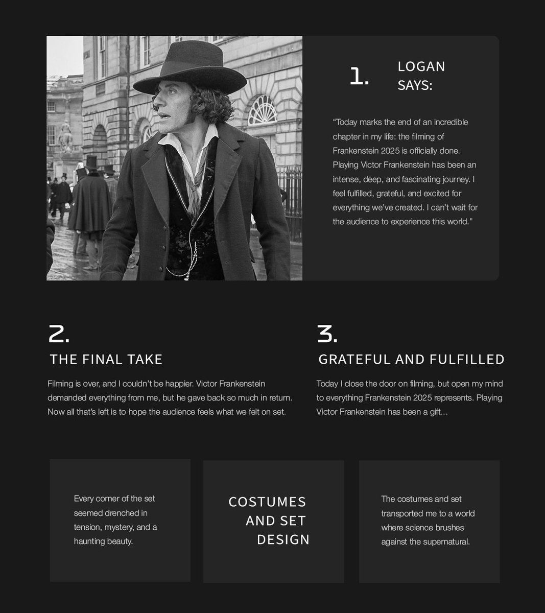 Behind the scenes: "It’s a wrap! Grateful to all who brought Frankenstein to life," Logan says. — #Frankensteinrp 📽