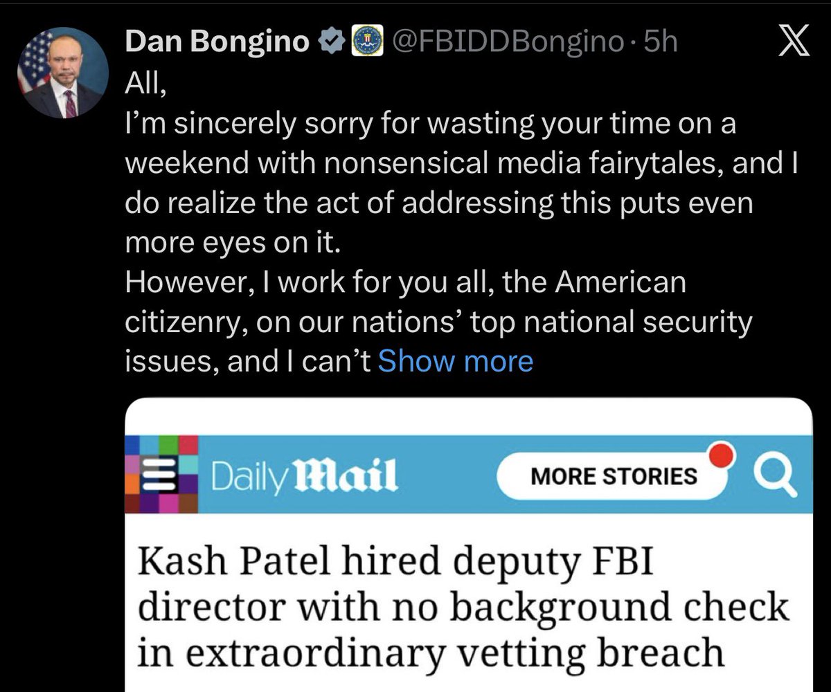 What Bongino does here is address this story by going after this Daily Mail headline. But this story was broken by ProPublica, and it said that Bongino was able to skip the polygraph portion of the background check, which was highly unusual. He chooses not to respond to that.
