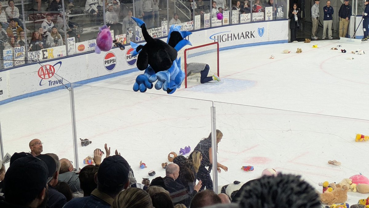 Teddy Bear Toss <a href="/PennStateMHKY/">Penn State Men’s Hockey</a>  tonight.   Fun watching the really big ones  go over.