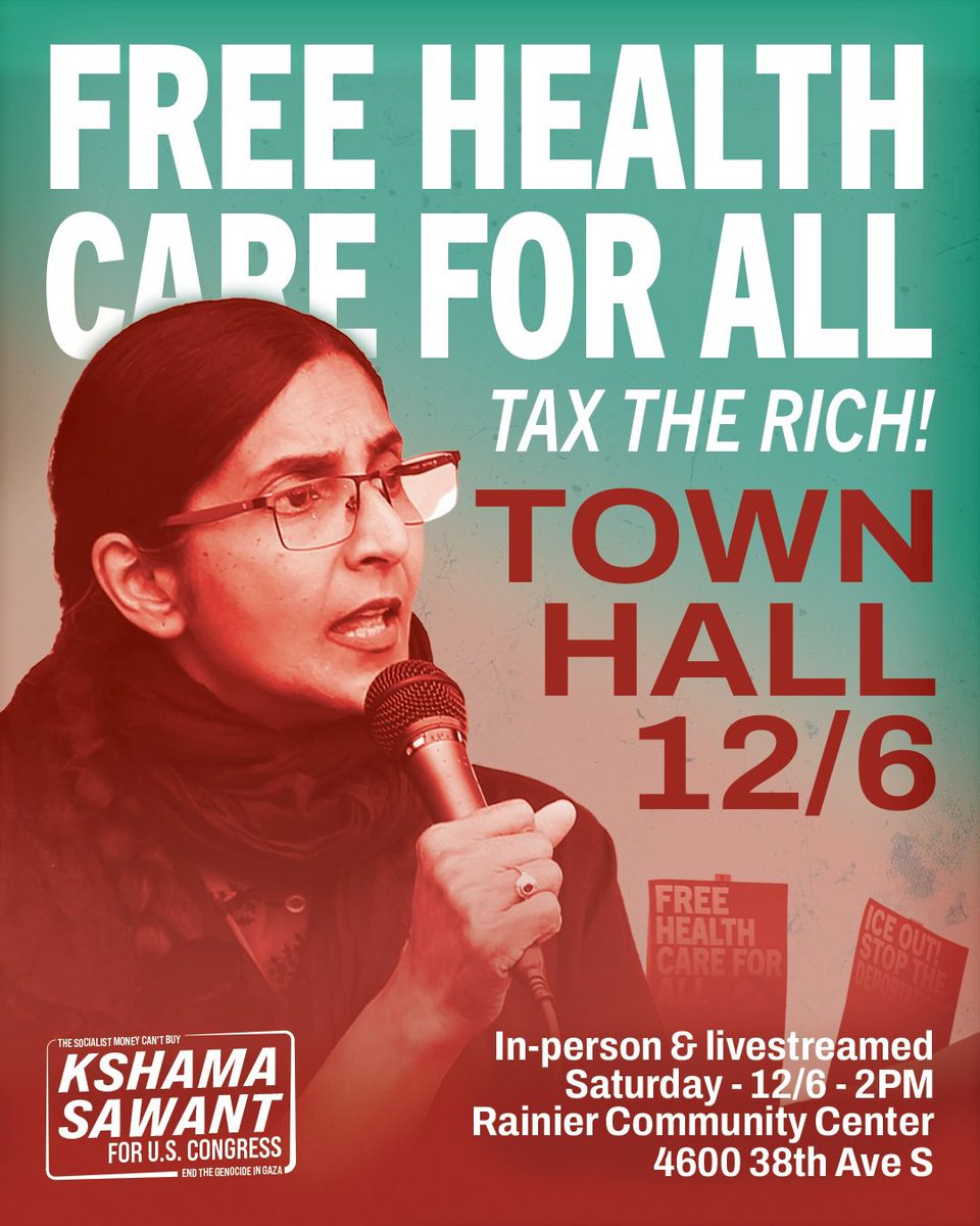 cmkshama's tweet image. My independent revolutionary socialist campaign for the U.S. Congress is hosting a TOWN HALL!

Free Healthcare for All
Tax the Rich!

Saturday, December 6th 
2 pm PT / 4 pm CT / 5 pm ET

Rainier Community Center in Seattle

Or join us via livestream!

RSVP now:…