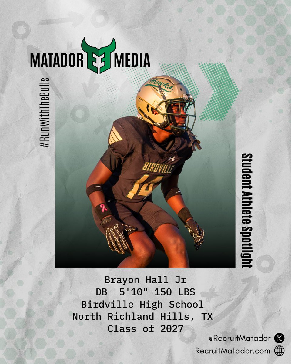 Brayon Hall Jr
<a href="/brayon_hall8/">Brayon Hall Jr</a>
Db #14
Class of 2027 GPA 3.2
5'10" 150 LBS
Phone: 682-862-8217
hallbrayon8@gmail.com 
Birdville High School
<a href="/Birdville_High/">Birdville High</a>
North Richland Hills, TX

<a href="/HawksMobi/">Hawks 1st Down Club</a>
<a href="/TXTopTalent/">TX TOP TALENT</a>
<a href="/txfblife/">Texas Football Life</a>
<a href="/GoMVB/">GoMVB Sports - Recruit Content for College Coaches</a>
<a href="/Recruit_DFW/">RecruitDFW</a>
<a href="/247recruiting/">247Sports Recruiting</a>
<a href="/Coach_Culberson/">TJ Culberson</a>
<a href="/l_heldt/">Coach Heldt</a>