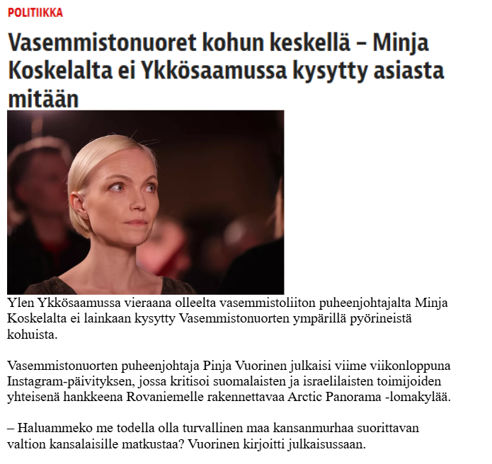 Nyt on korkea aika lopettaa satuilu Yleisradion puolueettomuudesta, kun verorahoitteinen mediatalo puolustaa vasemmistoliittoa päivä päivältä räikeämmin. Journalismi kääntyisi haudassaan jos tietäisi millaiseen alennustilaan Yleisradio on ajautunut. <a href="/Journ_liitto/">Journalistiliitto</a>