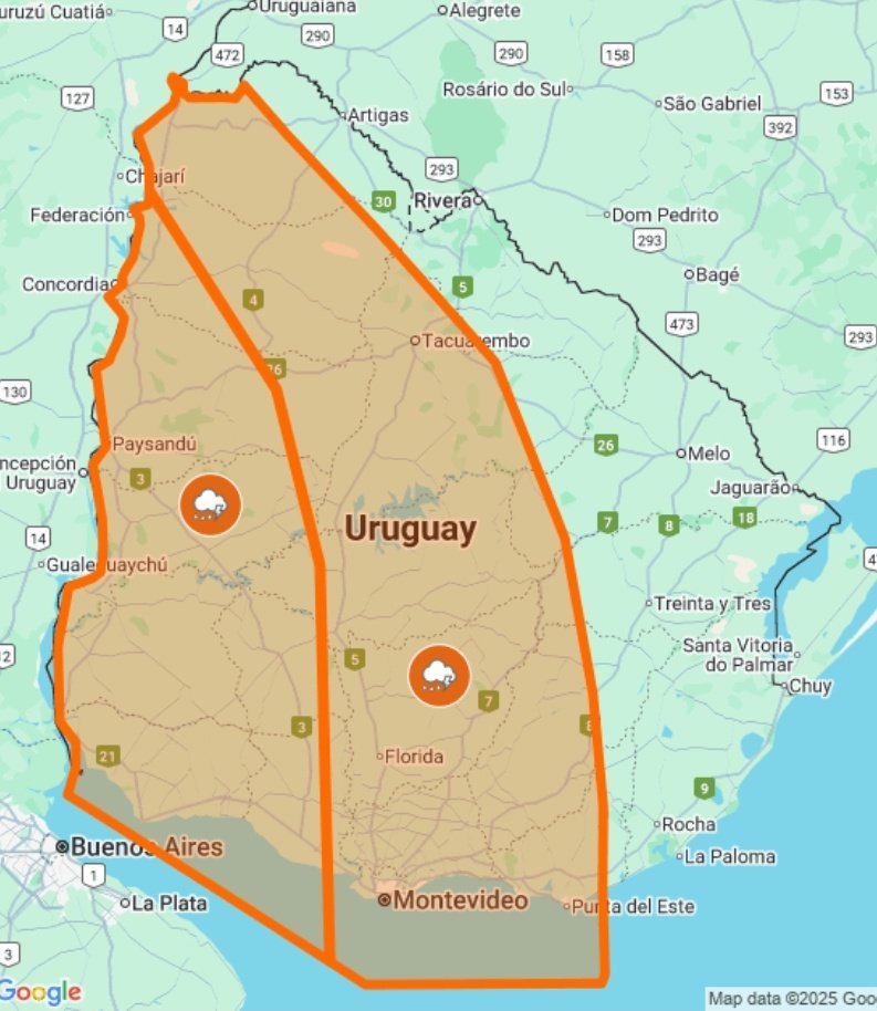 Advertencia Naraja por tormentas fuertes y puntualmente severas desde las 0 horas de este domingo hasta las 6 emitió Inumet.👇👇👇