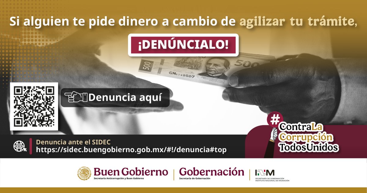 INAMI_mx's tweet image. #Entérate | Personal del @INAMI_mx tiene prohibido solicitar dinero a cambio de agilizar cualquier trámite.
Denuncia la corrupción en #SIDEC 🔗 sidec.buengobierno.gob.mx