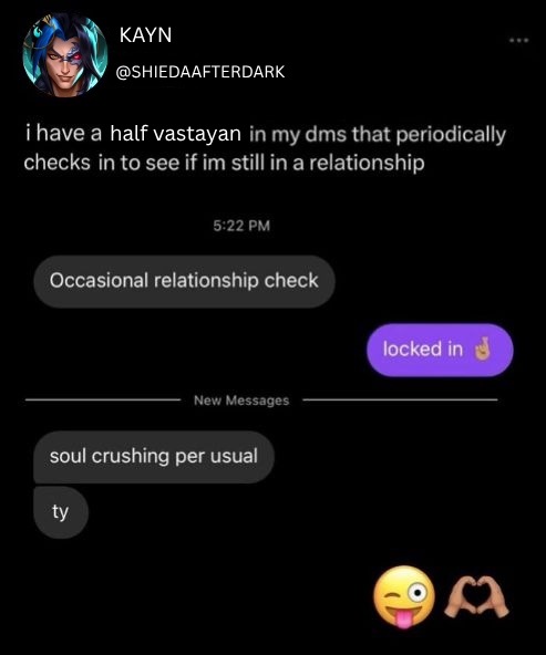 halebuni's tweet photo. eventually, sett's gonna hit the jackpot with his relationship checks. kayn's gotta be single eventually. i mean, they're supposed to be together.
#settkayn / #kaynsett https://t.co/9fjxA5eZ7M