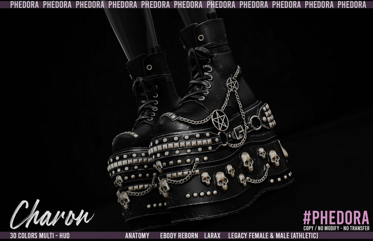 "Charon" Stomps Available at <a href="/Kustom9_sl/">Kustom9</a>  🖤
Named after Charon-the mythic guy who ferries souls across the underworld &amp; Coming in a 30 color hud driven fatpack. Rigged for Anatomy, Ebody Reborn, LaraX, Legacy F &amp; M (Athletic). 
❥ LM : maps.secondlife.com/secondlife/kus…