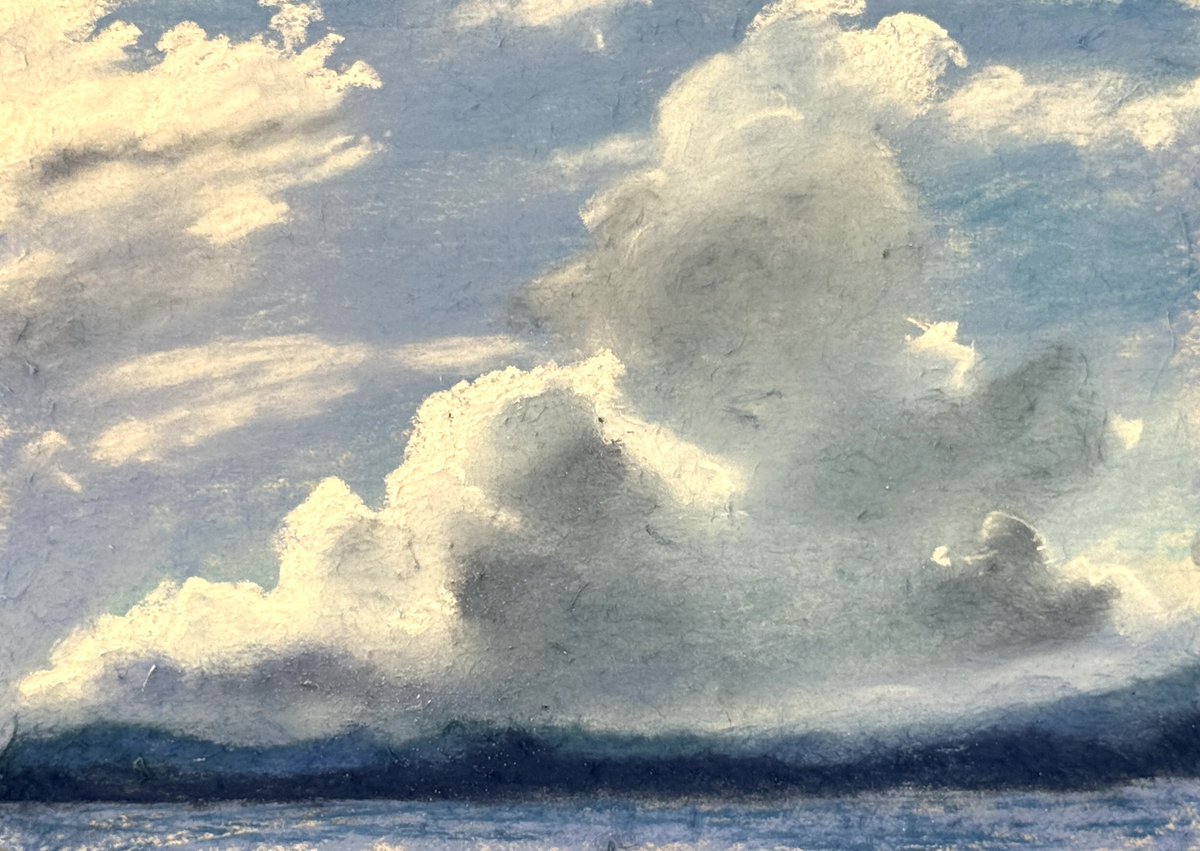 今日のパステル画。 水俣シリーズ、自分で漉いた紙 二子島から見た雲。