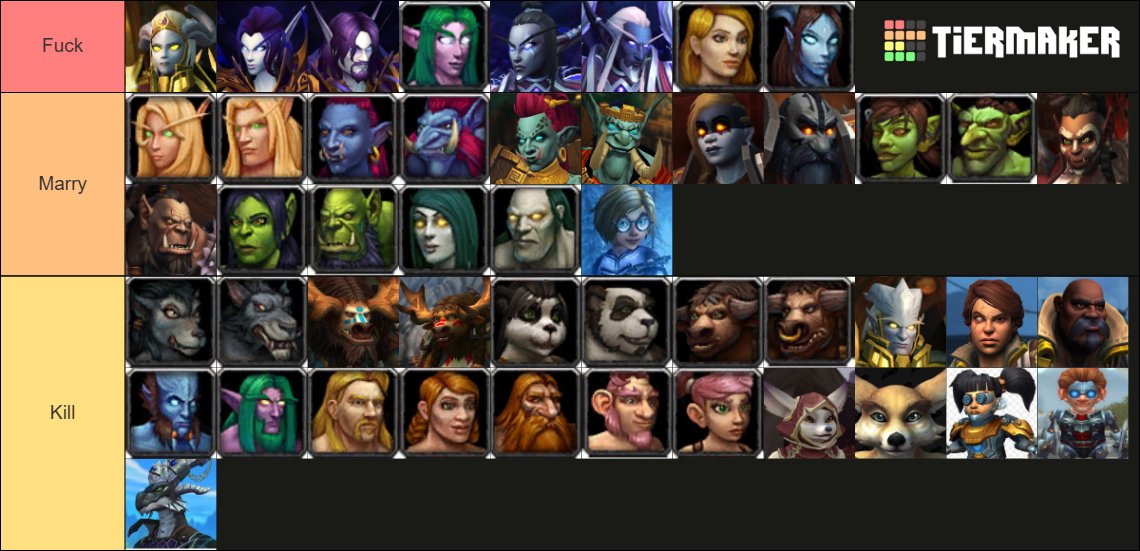 fuck marry kill tier list except what race you main.

(just to specify, this is about the player not the character even though i'd probably bang a fem velf if given the chance)