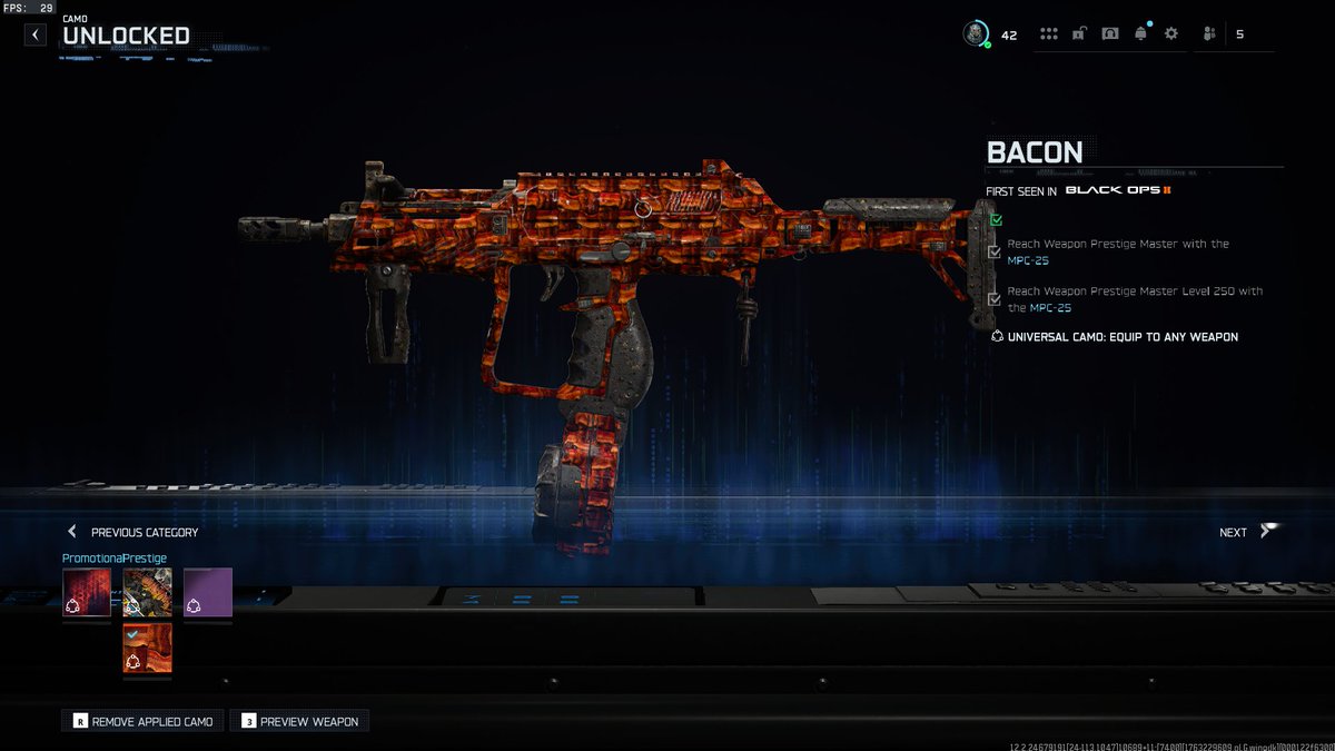 Alex67736614's tweet image. Bacon Camo on BO7, such a long grind for such a bad Camo. First i bought on any COD. Wanted it for this COD. #BlackOps7 #BO7