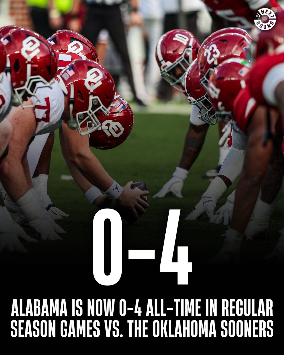 Alabama falls to 2-5-1 all-time vs. Oklahoma after tonight's 23-21 loss, including being winless in regular season games.