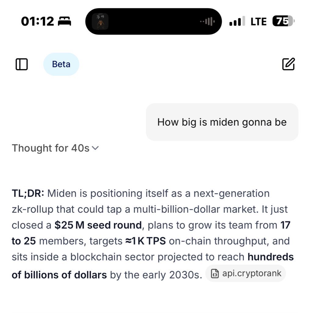 I asked my <a href="/SentientAGI/">Sentient</a> chat how big <a href="/0xMiden/">Miden</a> is gonna be, and I am stunned woah 🤯 

are you still gonna fade ?

we are early 🫴