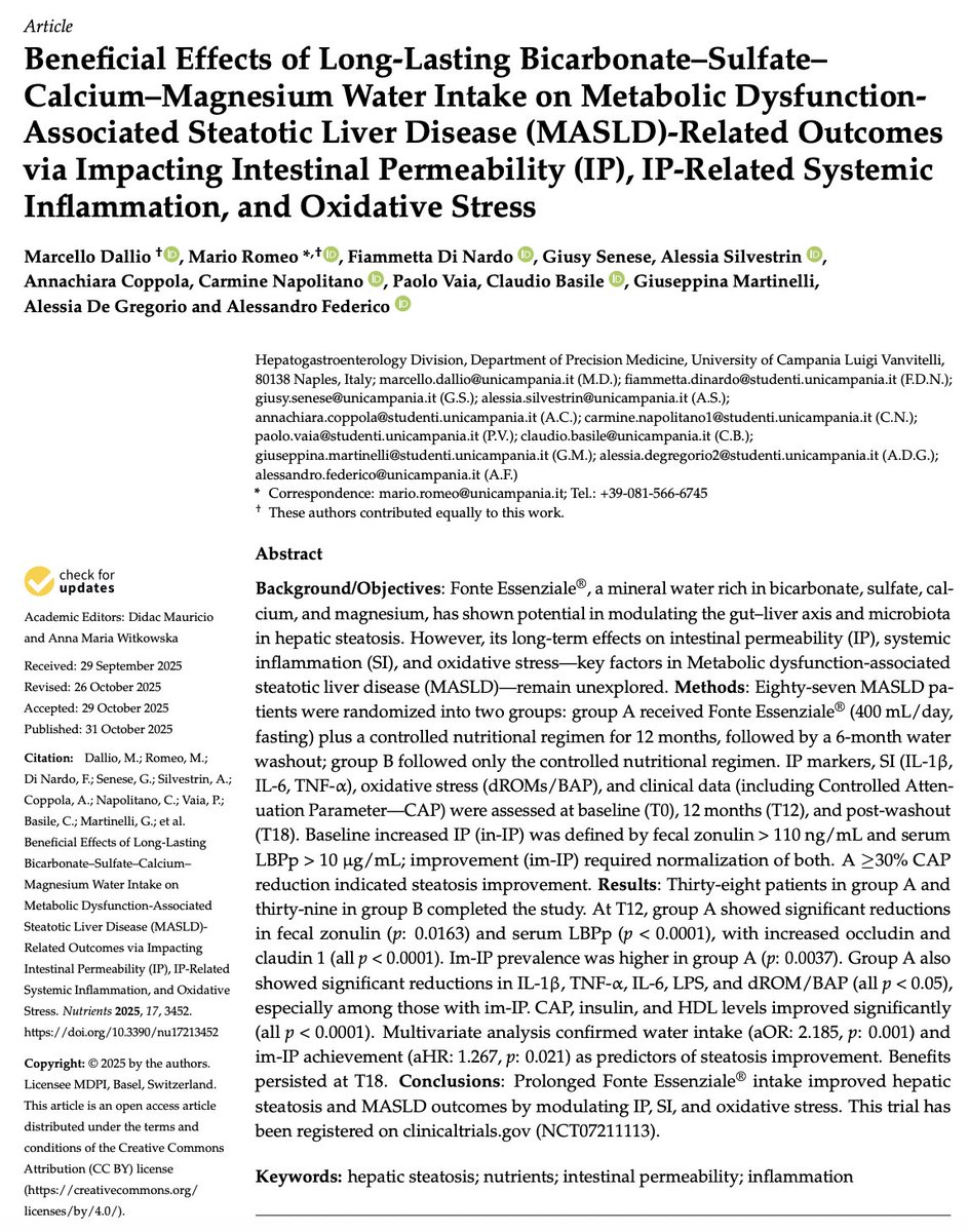 Outdoctrination's tweet image. Baking soda mineral water lowers inflammation, improves fatty liver. [study]

This water consumed for a year improved a TON of metrics.

Metabolic:

◆ AST: ↓ 11.7%
◆ ALT: ↓ 31.3%
◆ GGT: ↓ 33.3%
◆ Hs-CRP: ↓ 28.4%
◆ HDL: ↑ 26.7%
◆ LDL: ↓ 26.6%
◆ Insulin: ↓ 33.7%
◆…