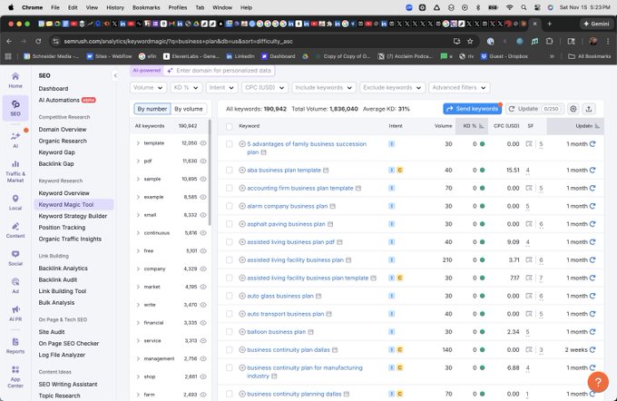 A screenshot of the Semrush SEO keyword research tool dashboard on a Mac computer, displaying a table of keyword data for 'X business plan' with columns for keyword, volume, CPC, competition (KD), and trends; the interface shows tabs like Keyword Overview, Keyword Magic Tool, and filters; the Mac menu bar indicates 'Sat Nov 15 23:29' with apps like Chrome and Finder open.