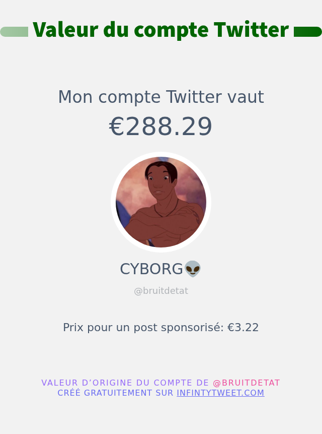 bruitdetat's tweet photo. Mon twitter vaut: €288.29

➡️ https://t.co/3BDa5TCPx1 https://t.co/LEcHHpai4v