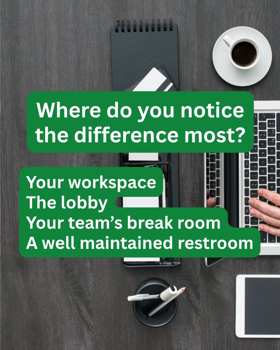 DeltaJanitorial's tweet image. Clean spaces change how we think and work.
Where do you notice the biggest difference when your workplace is spotless?

#DeltaDifference #WorkplaceWellness #SMARTCleaning