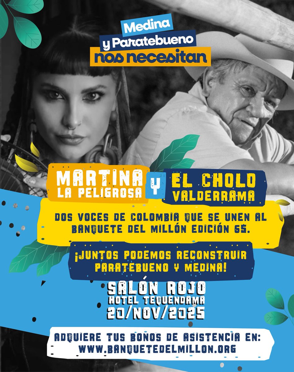 Dos motivos más para no perderte el 65 Banquete del millón y donar a nuestra causa de reconstruir 600 viviendas en Paratebueno y Medina 🏡

<a href="/MartinaMusica/">Martina</a> y <a href="/CholoValderrama/">CholoValderrama</a> serán nuestros grandes artistas invitados y quienes sabemos darán un gran show!