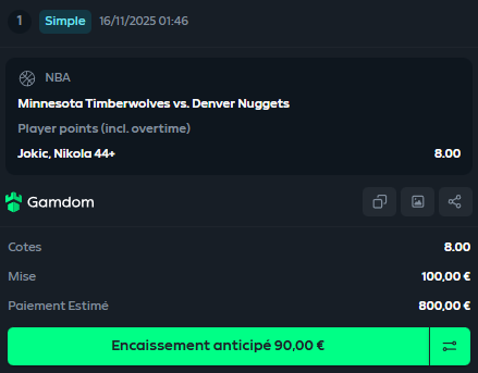 #NBA 
Apres le perfect d'hier on fait confiance au monstre Jokic

🎯 Jokic 30pts+ @ 2.02
🎯 Jokic 34pts+ @ 2.75
🎯 Jokic 40pts+ @ 5
🎯 Jokic 44pts+ @ 8
💰 1550€ ➡️ 4617€

BONNE CHANCE 

#TeamParieur