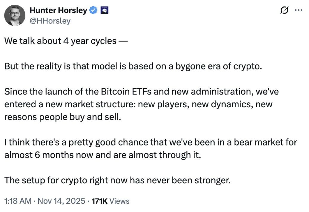 Cointelegraph's tweet image. 🚨 INSIGHT: Bitwise&apos;s CEO says we&apos;re about to exit a bear market.