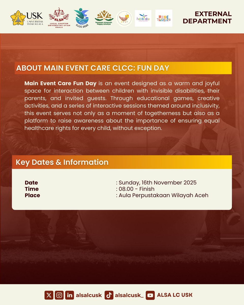 alsalcusk's tweet image. [MAIN EVENT CLCC 2025: FUN DAY AND TALKSHOW]

Hello, ALSAians!

External Department proudly presents Main Event CLCC 2025: Fun Day and Talkshow with the theme: “Inclusive Health For Every Unique Journey: Caring For Families, Amplifying Voices.”