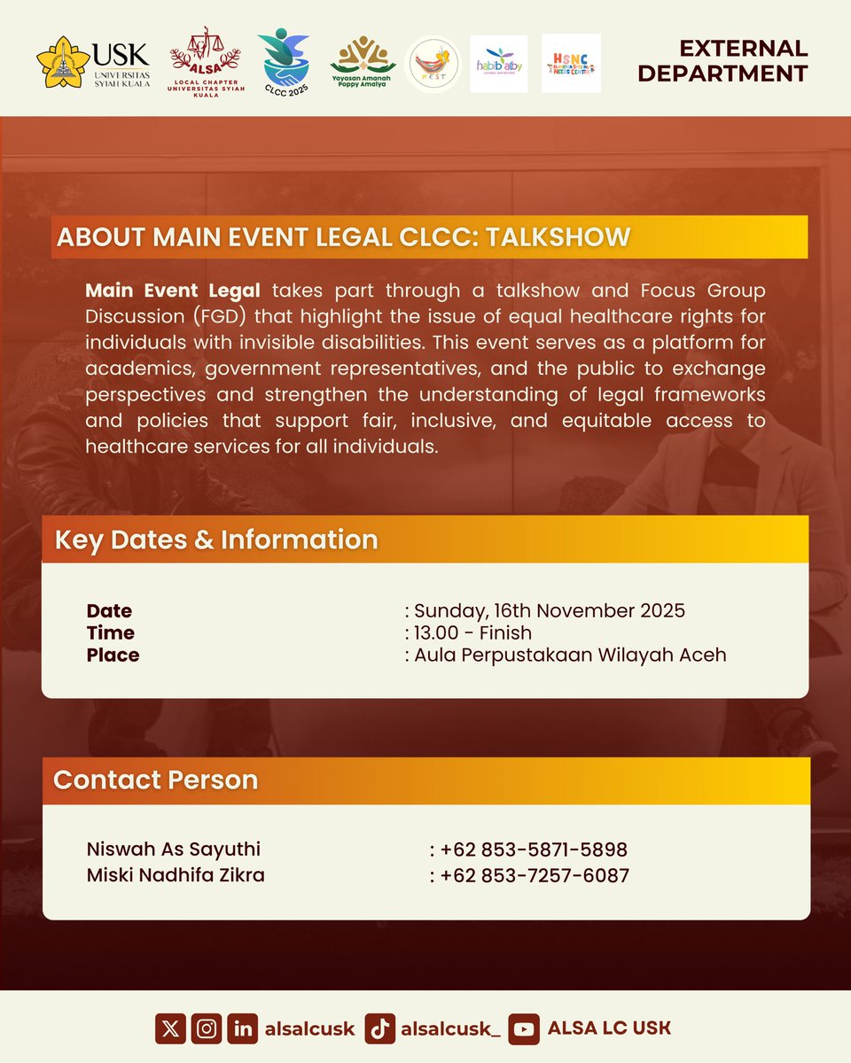 alsalcusk's tweet image. [MAIN EVENT CLCC 2025: FUN DAY AND TALKSHOW]

Hello, ALSAians!

External Department proudly presents Main Event CLCC 2025: Fun Day and Talkshow with the theme: “Inclusive Health For Every Unique Journey: Caring For Families, Amplifying Voices.”