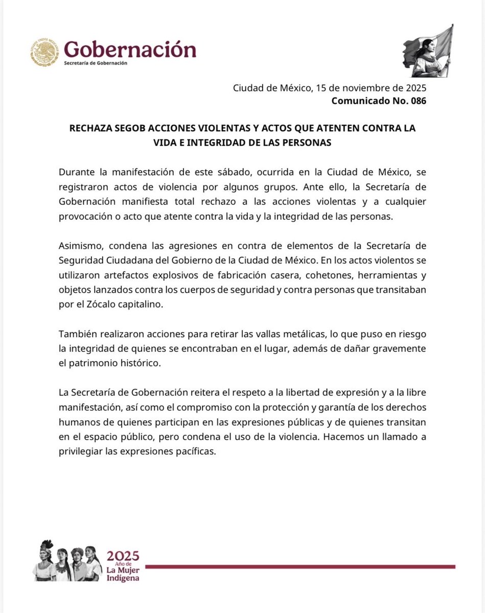 SEGOB_mx's tweet image. #SEGOBInforma 📢
Rechaza Segob acciones violentas y actos que atenten contra la vida e integridad de las personas

Comunicado 📄 bit.ly/4o3YUkX

#ConstruyendoLaPaz🕊️