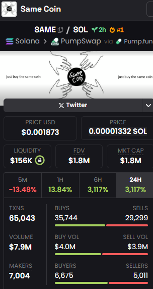 $SAME is a PVE solana meme

even <a href="/aeyakovenko/">toly 🇺🇸</a> and <a href="/0xMert_/">mert | helius.dev</a> replied to it

if this one gets cooked then solana officially rips

7ifX7okDF3Q5equtyFo5BkwZyeKY1hGcZCmkZQ5upump