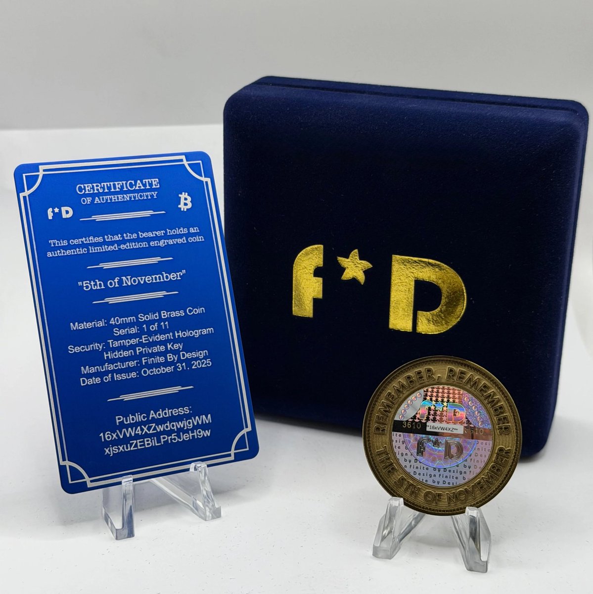 FiniteByDesign's tweet image. 🔥 Only 11 exist.
The “5th of November” limited-edition Bitcoin coin is here — rebellion, decentralization, and pure crypto art forged in brass. Remember, remember… 👀

#FiniteByDesign #BitcoinArt #CryptoCollectibles #November5th #DeFiCulture