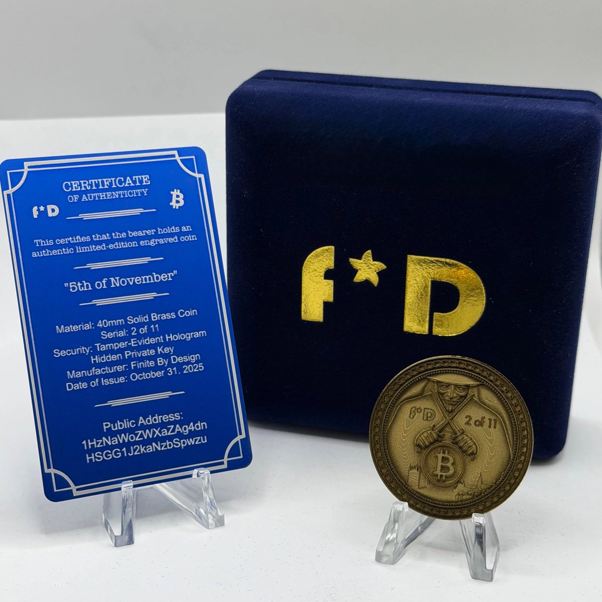 FiniteByDesign's tweet image. 🔥 Only 11 exist.
The “5th of November” limited-edition Bitcoin coin is here — rebellion, decentralization, and pure crypto art forged in brass. Remember, remember… 👀

#FiniteByDesign #BitcoinArt #CryptoCollectibles #November5th #DeFiCulture