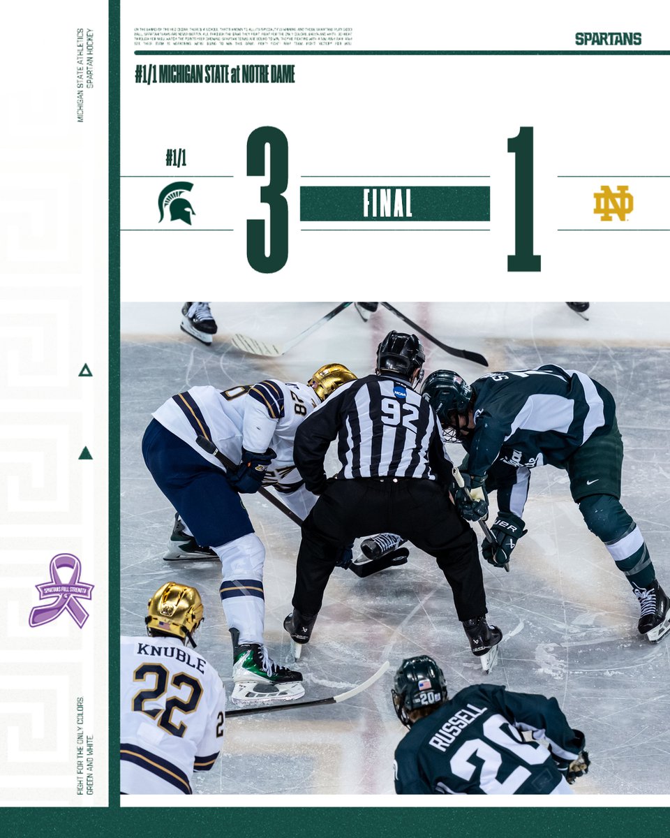 That's a Spartan sweep in South Bend!

Trey Augustine makes 28 saves with a .966 save percentage as your First Star of the Game

Ryker Lee, Porter Martone and Tommi Mannisto are your game two goal scorers

📸: Photo Courtesy of Notre Dame