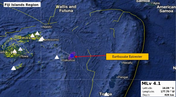 Earthquake Information bulletin issued.
Date: 16/11/2025
Time: 12:56:31 PM
Magnitude: 4.1
Depth: 626 km
Location:  88 km NE from Dakuiloa, Lau
However, it does not pose any immediate tsunami threat to the Fiji region.