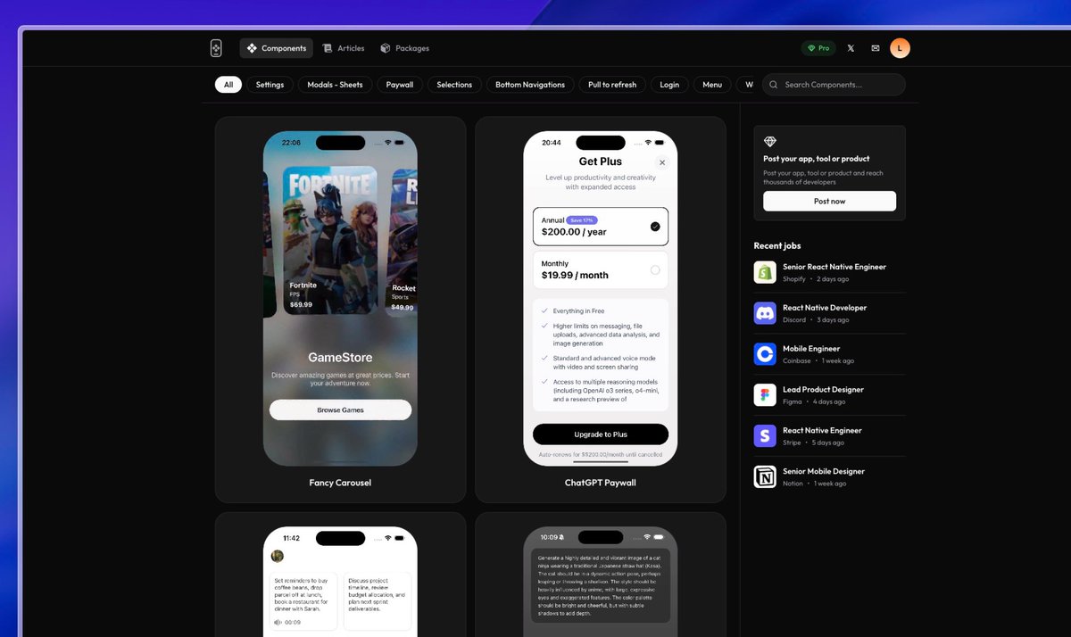 rncomponents's tweet image. New look and sections ✨

* Articles
* Jobs
* Packages

and more. 

reactnativecomponents.com