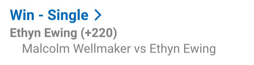 WeBeBetting's tweet photo. Didn’t bet this until after the first round… If Wellmaker didn’t get him out first round, Ewing was going to dominate and he did.  +220 might be the only bet of the night. https://t.co/ZYBGImnqDW