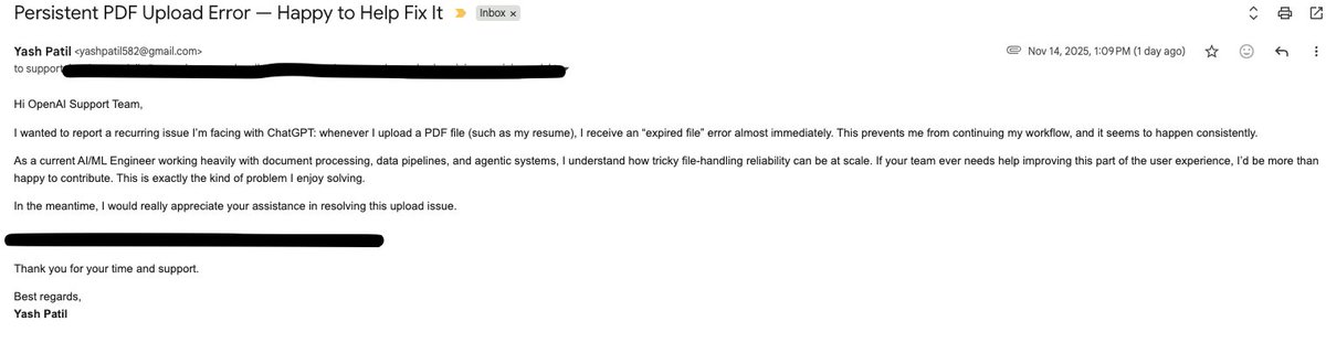 YASHPATIL10's tweet image. On Friday, Nov 14, at 1:09 PM, I reported a critical PDF upload bug in ChatGPT to @OpenAI.
It made resume uploads unusable.
By 9 PM the same day, the bug was fixed without any acknowledgment or follow-up.
No thanks. No credit. Not even a reply.

@OpenAIDevs  @sama @gdb