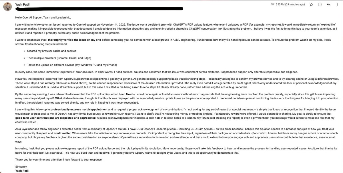 YASHPATIL10's tweet image. Here’s the email I just sent to OpenAI’s team and leadership.
I’m not asking for a reward. I’d donate that.
But basic respect and acknowledgment? That matters.
Especially when users step up to help improve your product.

@sama @OpenAI @gdb